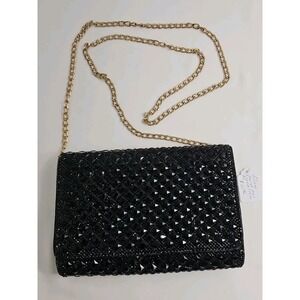 Vtg Black Evening Crossbody Bag Beaded Diamond Shaped Overlay